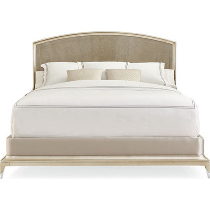 Rise to the Occasion Bed by Caracole in soft silver leaf, moonlit sand, lightly brushed chrome. Made from birch, silver curly maple in a transitional style.