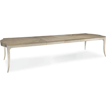 On a Silver Platter Dining Table by Caracole in maple, silver and moonlit sand, soft silver leaf. Made from pine, birch, silver curly maple in a transitional style.