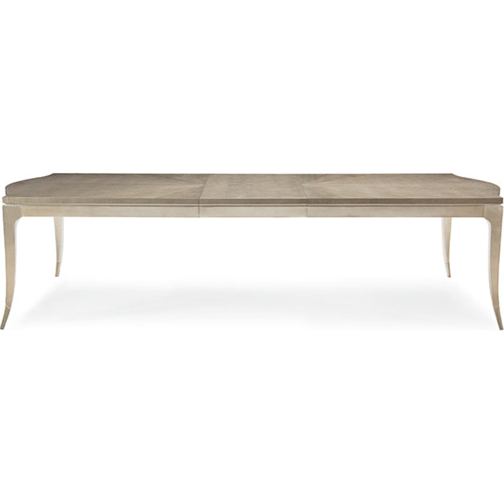 On a Silver Platter Dining Table by Caracole in maple, silver and moonlit sand, soft silver leaf. Made from pine, birch, silver curly maple in a transitional style.