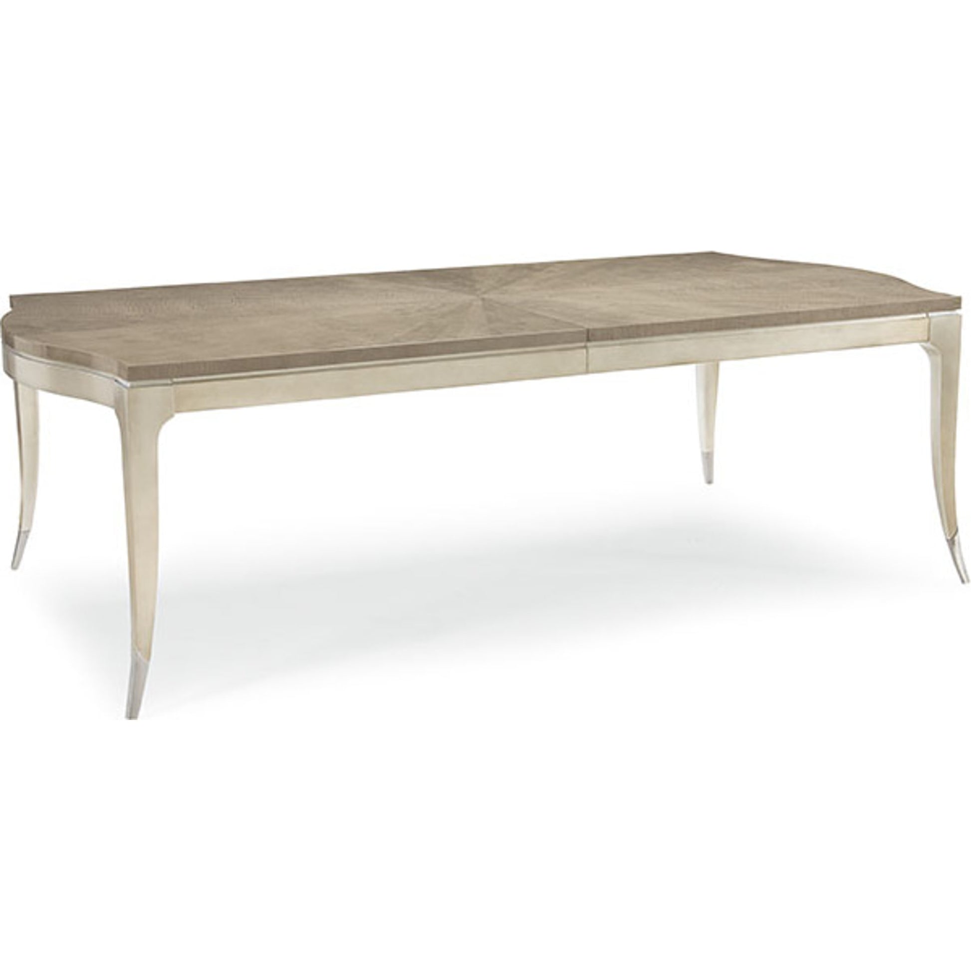 On a Silver Platter Dining Table by Caracole in maple, silver and moonlit sand, soft silver leaf. Made from pine, birch, silver curly maple in a transitional style.