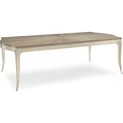 On a Silver Platter Dining Table by Caracole in maple, silver and moonlit sand, soft silver leaf. Made from pine, birch, silver curly maple in a transitional style.