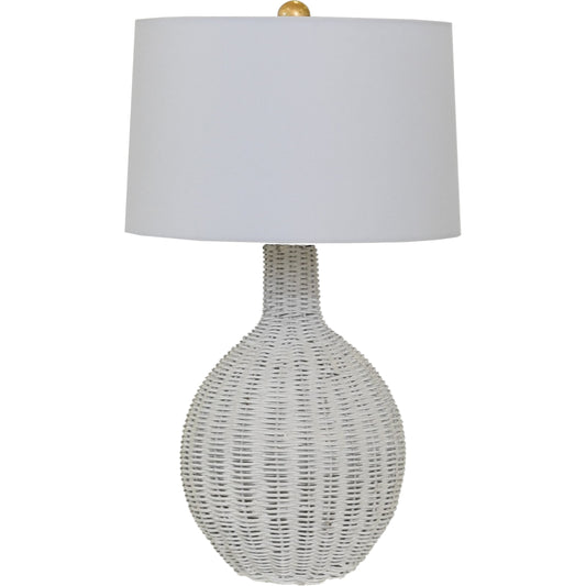 Clancy Table Lamp by Worlds Away in white. Made from rattan, metal, linen in a coastal style.