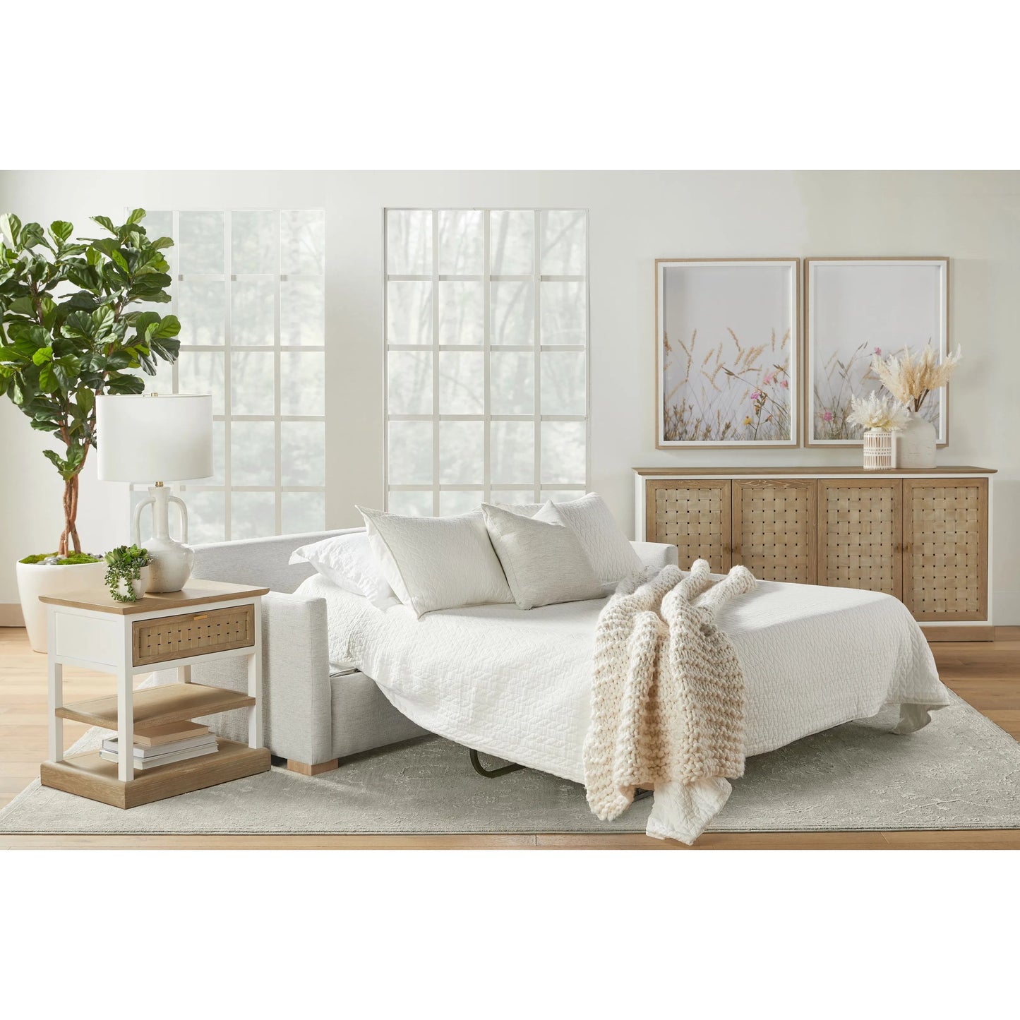 022 SI-2021696 | Lifestyle | Clara Slim Arm Sleeper Sofa by Essentials For Living in natural gray oak, performance stone basketweave. Made from solid oak wood, mdf, plywood, 100% polyester fabric, foam, feather in a modern style.