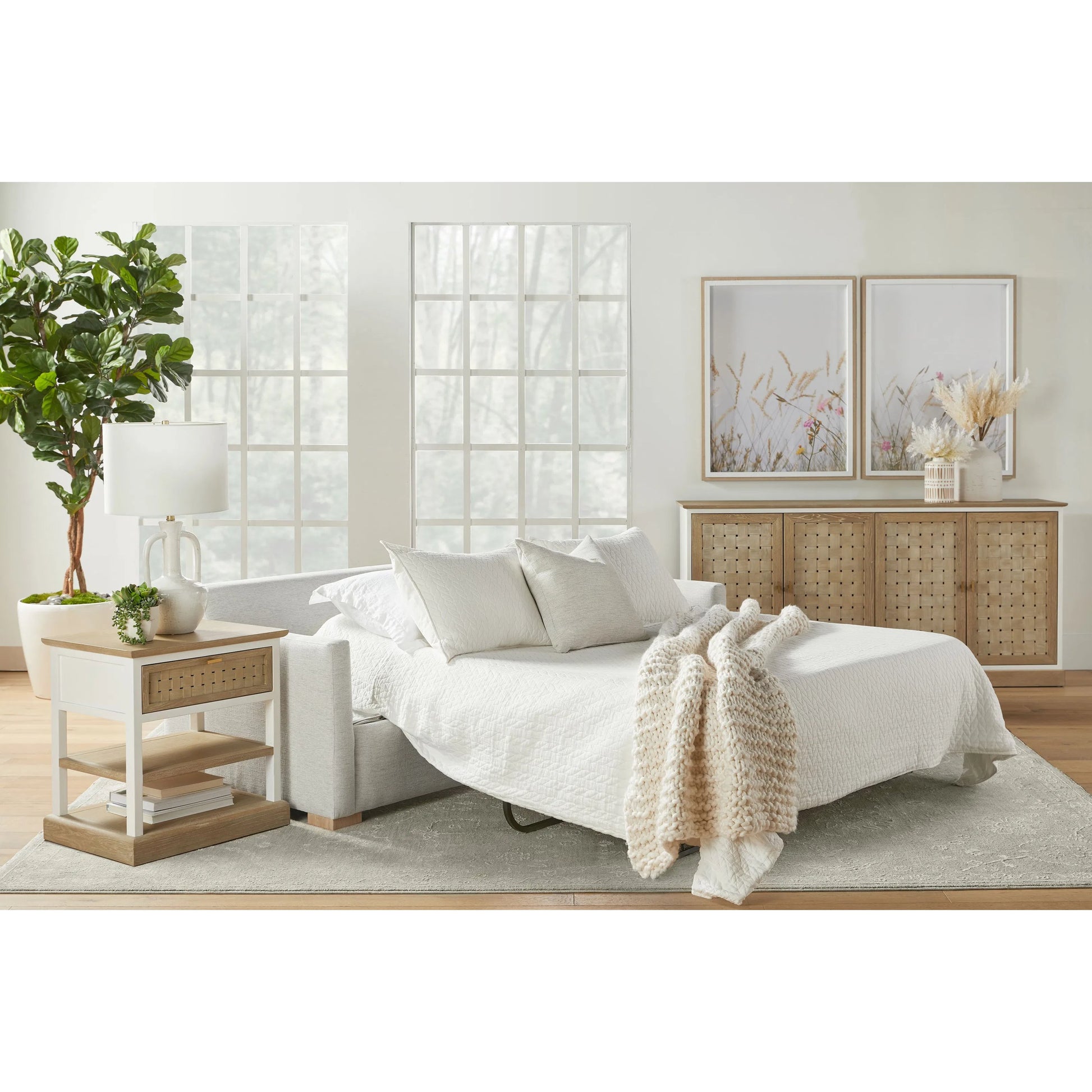 Clara Slim Arm Sleeper Sofa by Essentials For Living in natural gray oak, performance stone basketweave. Made from solid oak wood, mdf, plywood, 100% polyester fabric, foam, feather in a modern style.