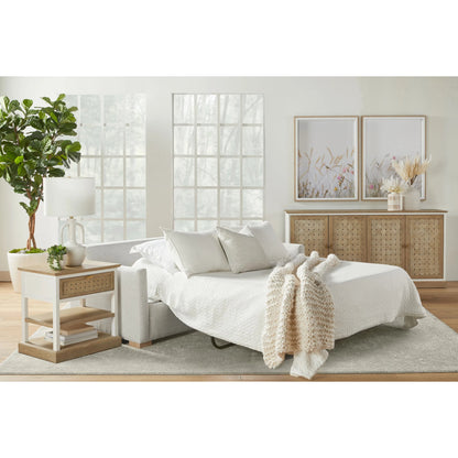 Clara Slim Arm Sleeper Sofa by Essentials For Living in natural gray oak, performance stone basketweave. Made from solid oak wood, mdf, plywood, 100% polyester fabric, foam, feather in a modern style.