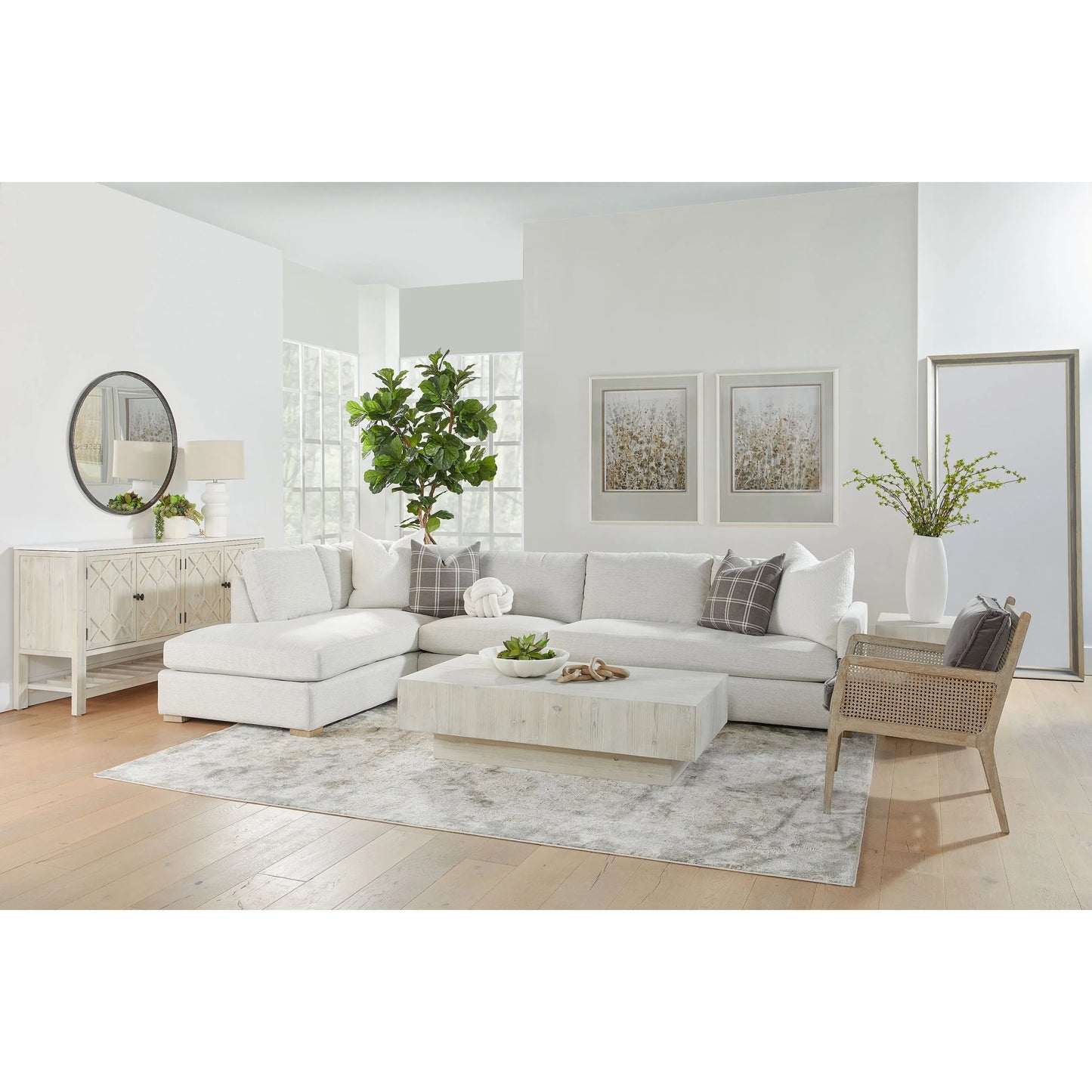 050 SI-2021692 | Lifestyle | Clara Armless Chair by Essentials For Living in natural gray oak, performance stone basketweave. Made from solid oak wood, mdf, plywood, 100% polyester fabric, foam, feather in a modern style.