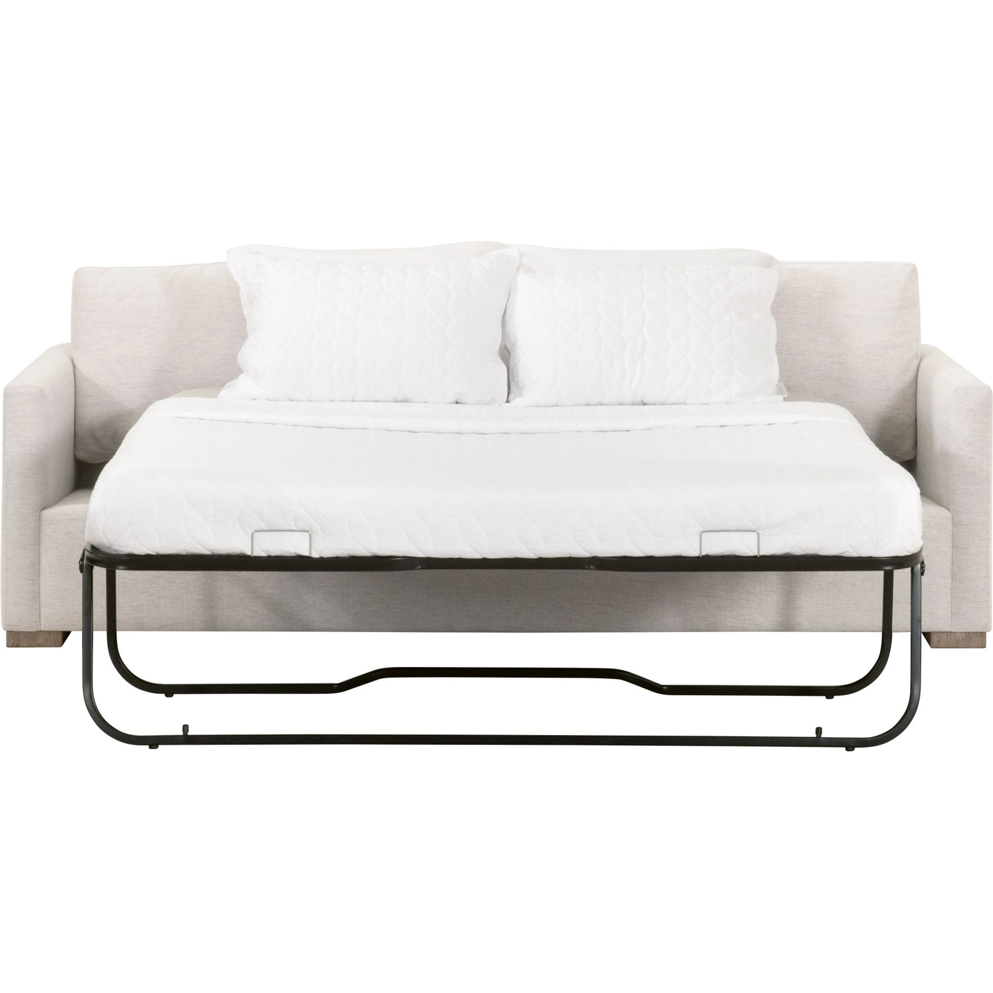 Clara Slim Arm Sleeper Sofa by Essentials For Living in natural gray oak, performance stone basketweave. Made from solid oak wood, mdf, plywood, 100% polyester fabric, foam, feather in a modern style.