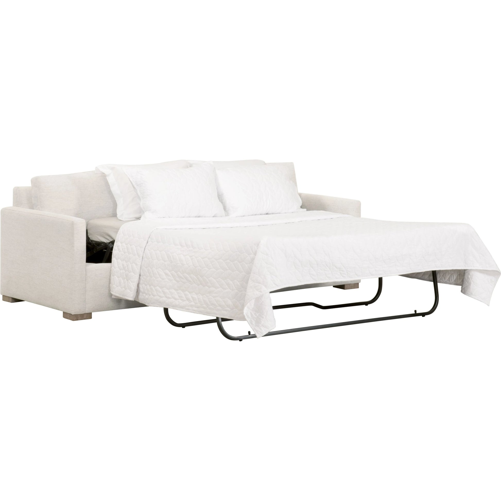 Clara Slim Arm Sleeper Sofa by Essentials For Living in natural gray oak, performance stone basketweave. Made from solid oak wood, mdf, plywood, 100% polyester fabric, foam, feather in a modern style.