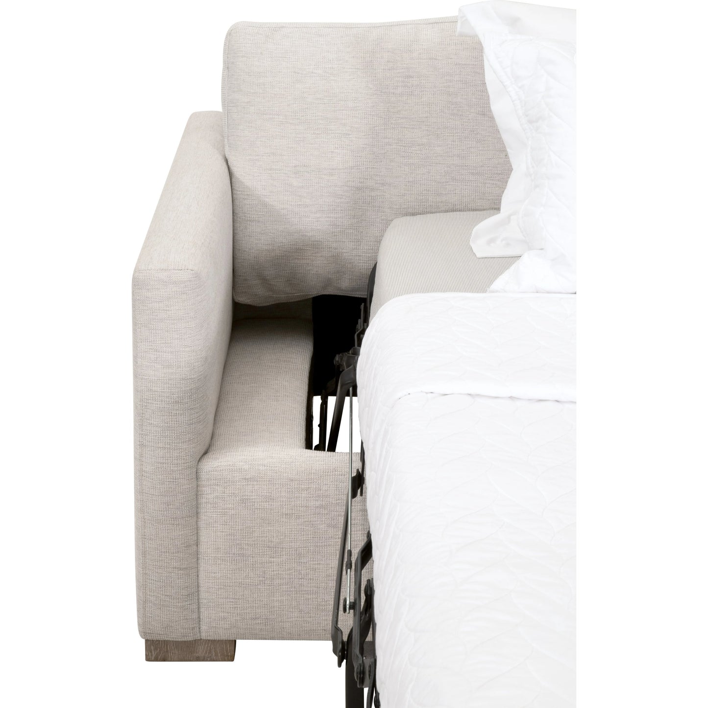 021 SI-2021696 | Closeup | Clara Slim Arm Sleeper Sofa by Essentials For Living in natural gray oak, performance stone basketweave. Made from solid oak wood, mdf, plywood, 100% polyester fabric, foam, feather in a modern style.