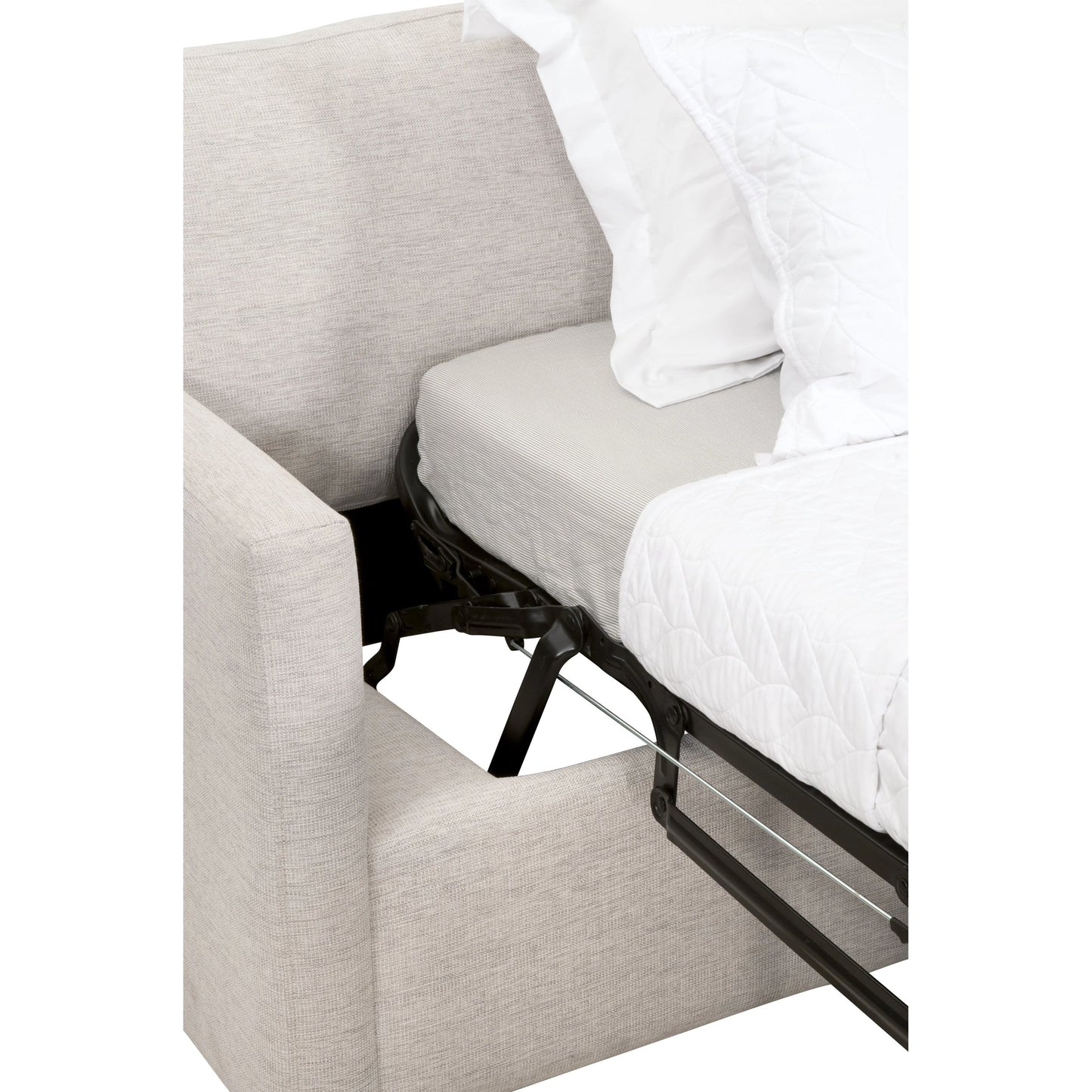 020 SI-2021696 | Closeup | Clara Slim Arm Sleeper Sofa by Essentials For Living in natural gray oak, performance stone basketweave. Made from solid oak wood, mdf, plywood, 100% polyester fabric, foam, feather in a modern style.