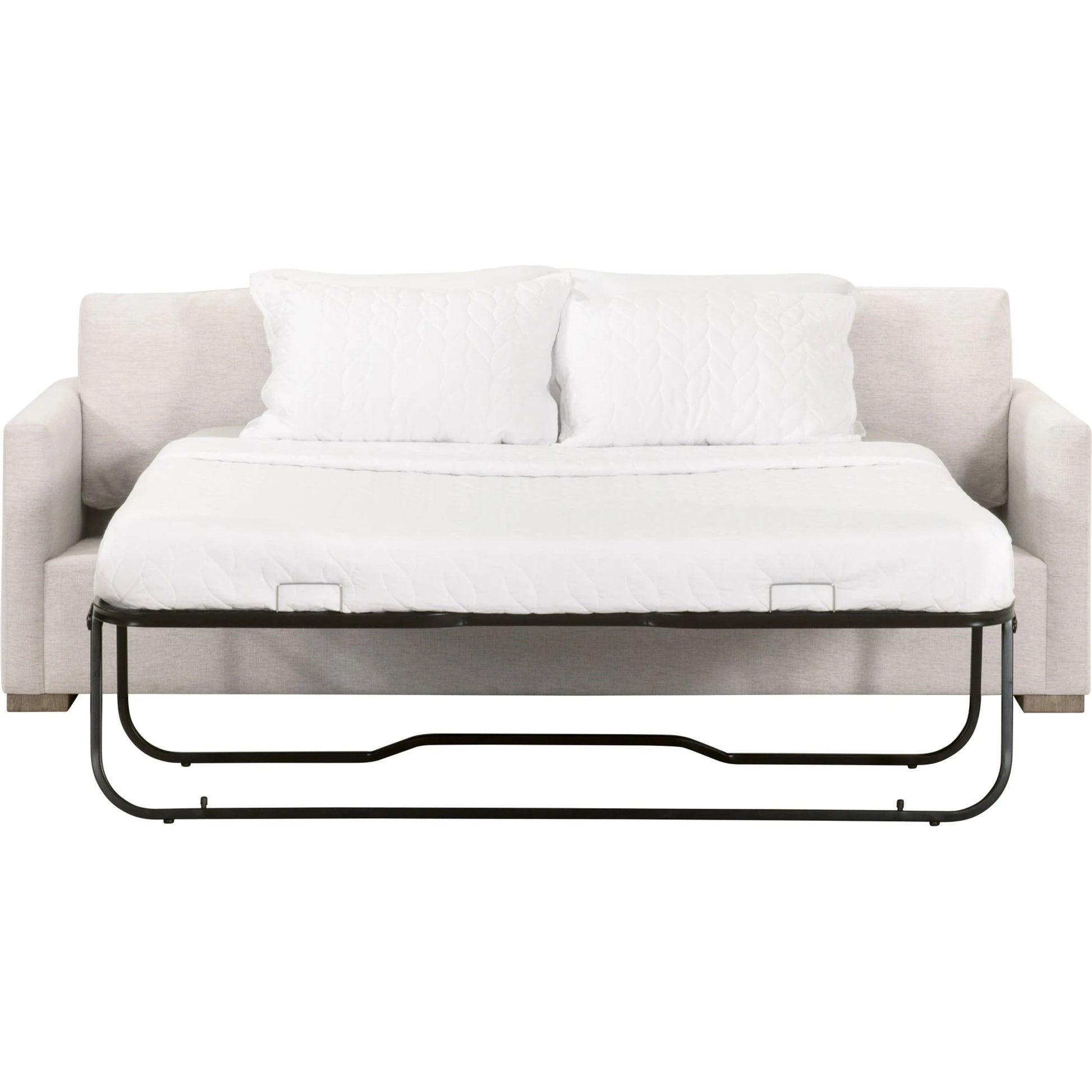 Clara Slim Arm Sleeper Sofa by Essentials For Living in natural gray oak, performance stone basketweave. Made from solid oak wood, mdf, plywood, 100% polyester fabric, foam, feather in a modern style.