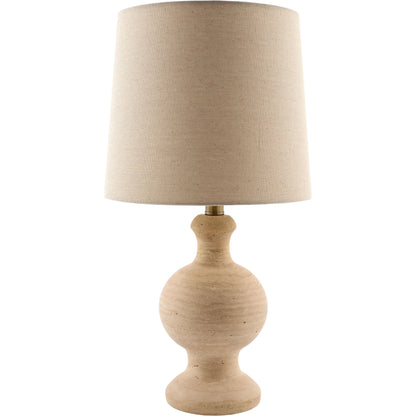 Caldera Accent Table Lamp by Surya in cream, translucent, white, metallic brass, taupe and natural, electroplated. Made from travertine, jute, polyester, iron in a unique style.