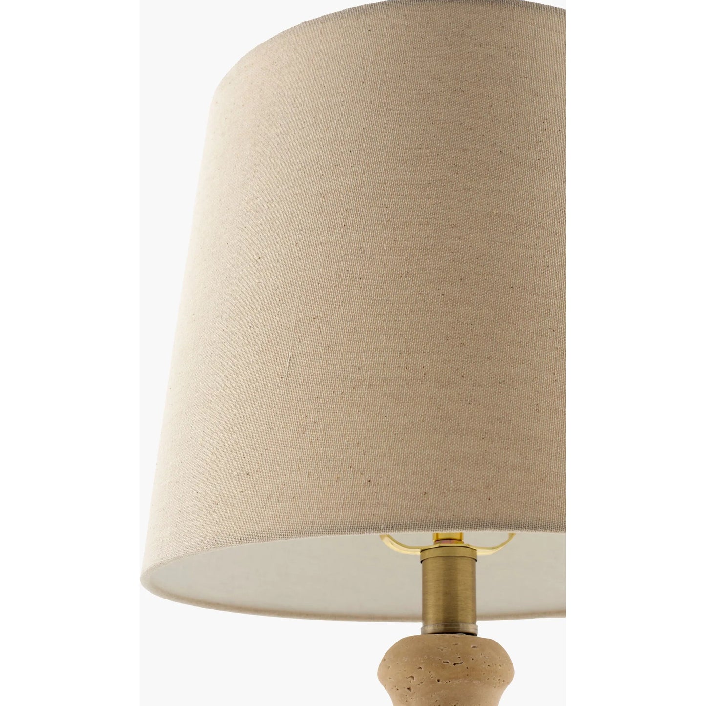 002 SI-2540959 | Closeup | Caldera Accent Table Lamp by Surya in cream, translucent, white, metallic brass, taupe and natural, electroplated. Made from travertine, jute, polyester, iron in a unique style.