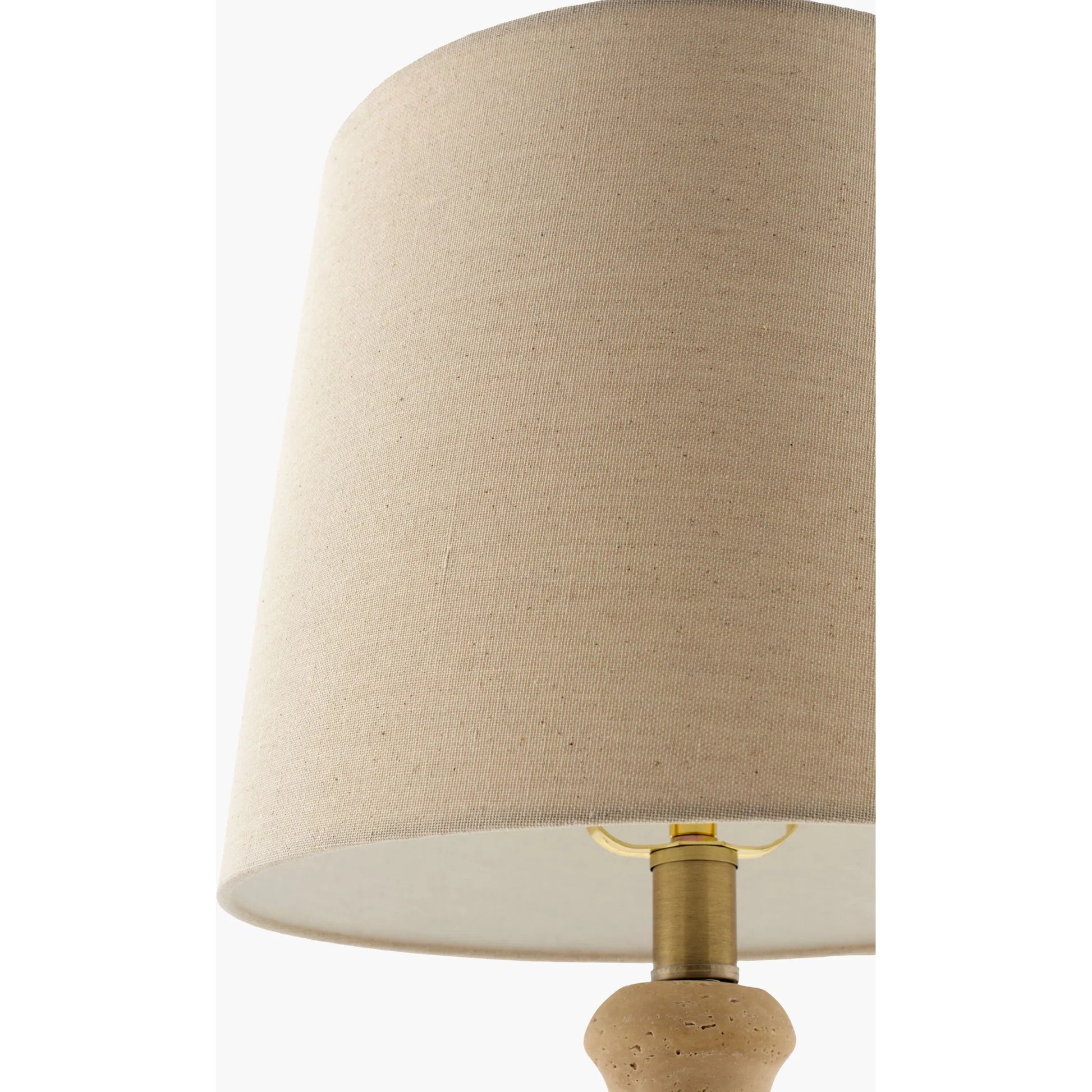 Caldera Accent Table Lamp by Surya in cream, translucent, white, metallic brass, taupe and natural, electroplated. Made from travertine, jute, polyester, iron in a unique style.