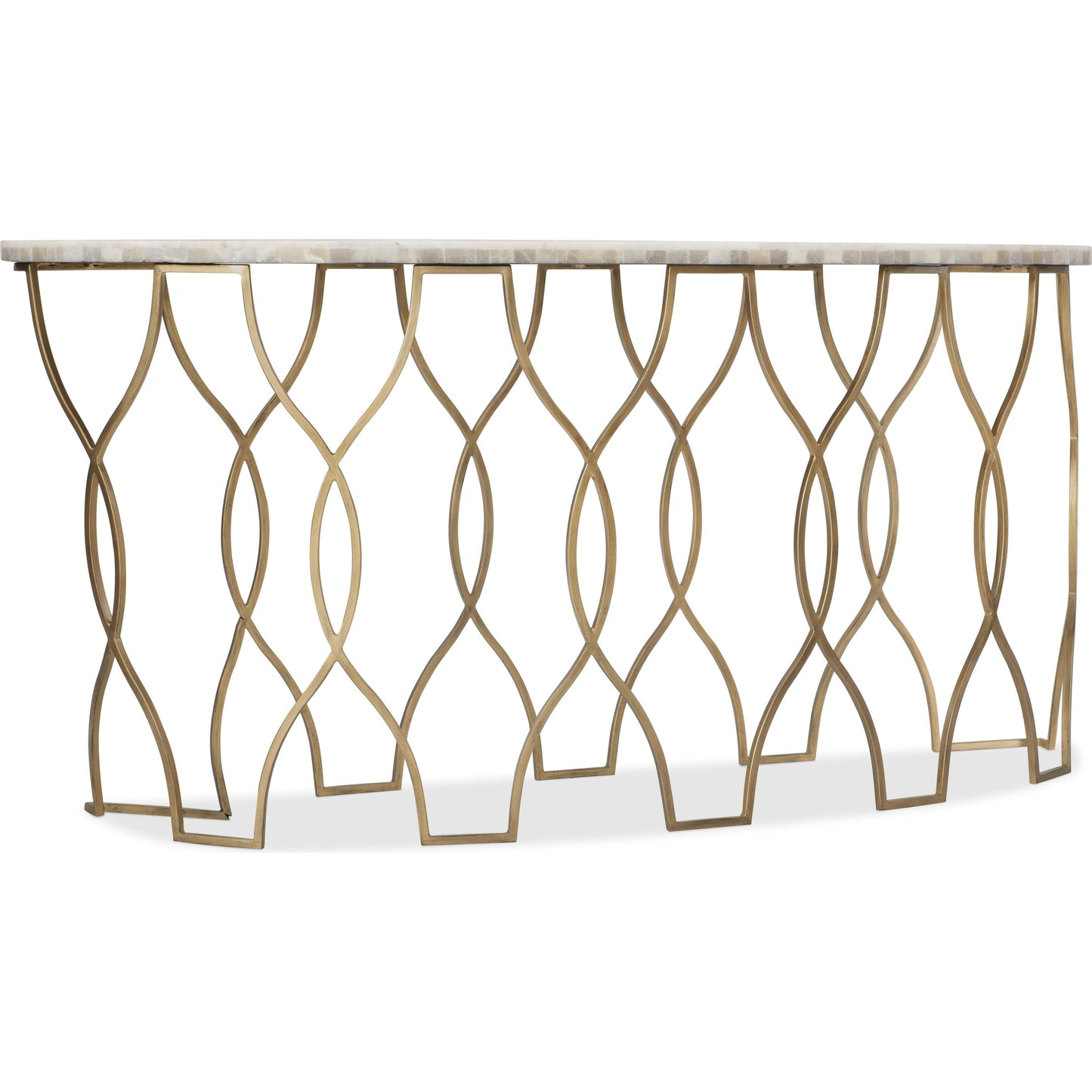 001 SI-1873145 | Primary Silo | Melange Corrina Sofa Table by Hooker Furniture in gold. Made from white onyx parquet with carbon steel metal in a modern style.