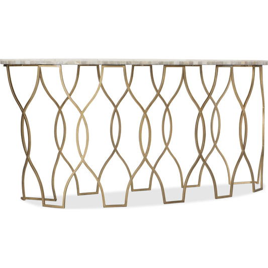 Melange Corrina Sofa Table by Hooker Furniture in gold. Made from white onyx parquet with carbon steel metal in a modern style.
