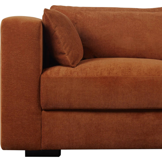 Las Vegas Clive Sofa by LH Imports in terracotta chenille and black. Made from 83% polyester, 17% acrylic, pine, foam, feather fill, plywood in a transitional style.