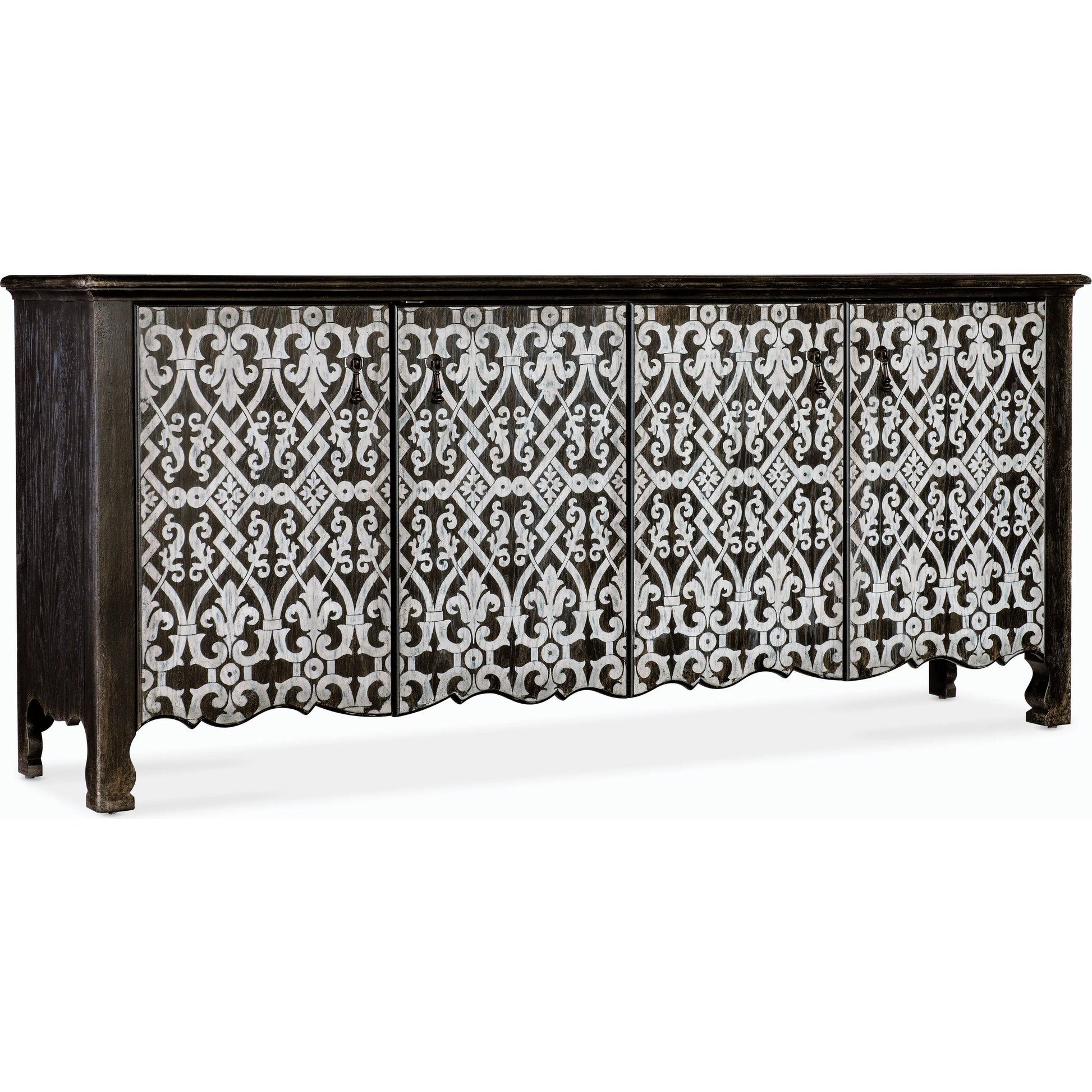 Americana Entertainment 4-Door Credenza by Hooker Furniture in molasses. Made from oak veneers with solid-wood edge top in a modern style.