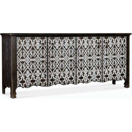 Americana Entertainment 4-Door Credenza by Hooker Furniture in molasses. Made from oak veneers with solid-wood edge top in a modern style.