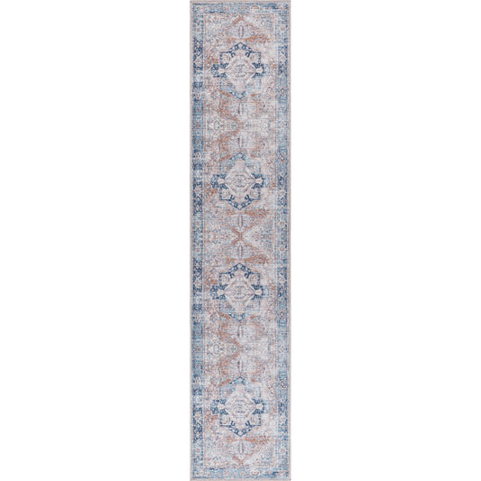 Colin Rug by Livabliss in medium brown, ink blue, tan, medium gray, white, light gray. Made from main: 66% chenille-polyester, main: 34% cotton in a modern style.