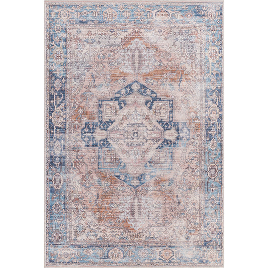 Colin Rug by Livabliss in medium brown, ink blue, tan, medium gray, white, light gray. Made from main: 66% chenille-polyester, main: 34% cotton in a modern style.