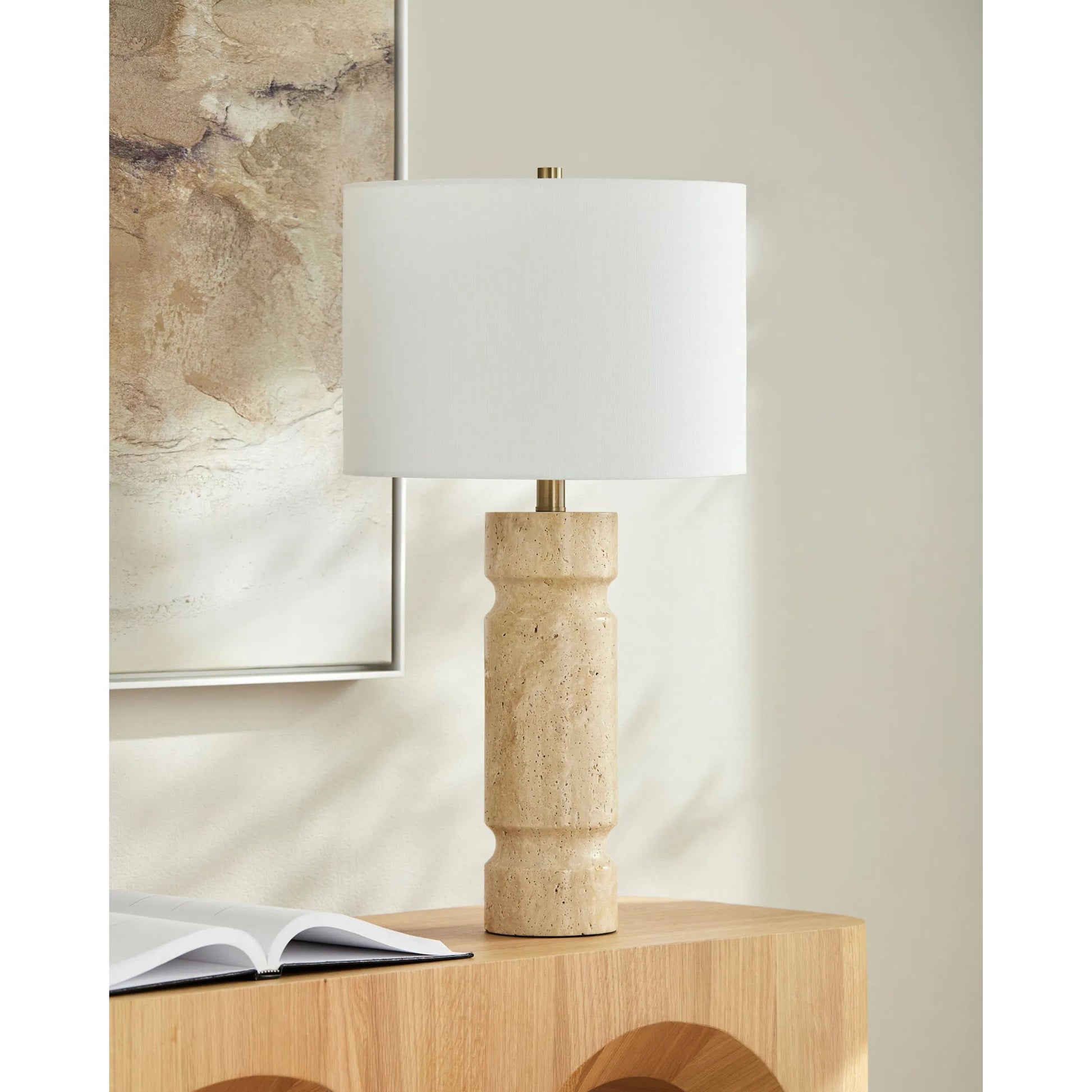 Colonna Accent Table Lamp by Surya in translucent, beige, metallic brass, white and natural, electroplated. Made from travertine, jute, polyester, iron in a unique style.
