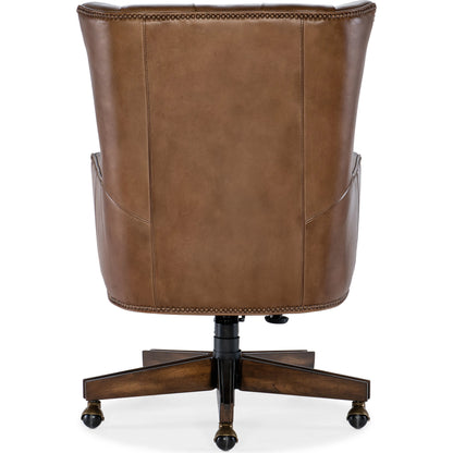 Finley Executive Chair by Hooker Furniture in checkmate pawn and dark wood. Made from leather, checkmate pawn (aniline top grain) in a unique style.