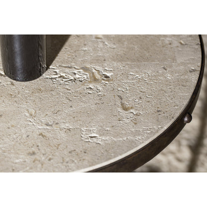 Luckenbach Metal & Stone End Table by Hooker Furniture in black. Made from cast iron, antique travertine in a traditional style.