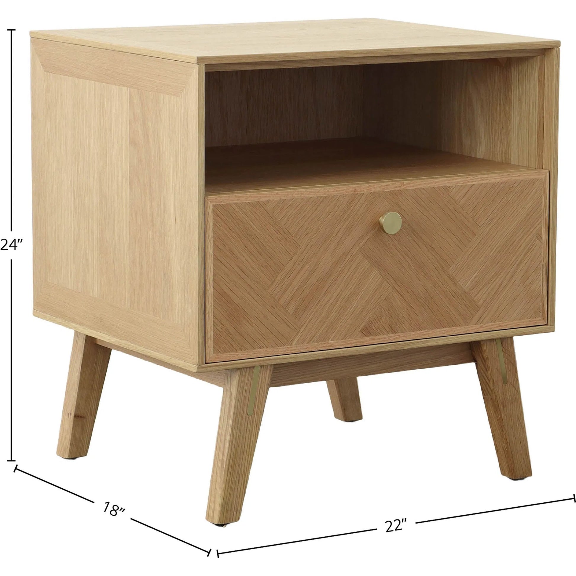 Colton Nightstand by LH Imports in light brown and natural, brass. Made from solid oak, mdf oak veneer, brass in a transitional style.