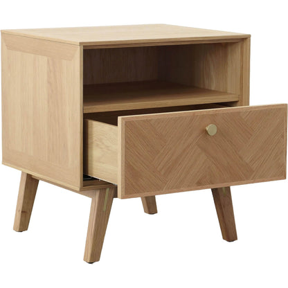 Colton Nightstand by LH Imports in light brown and natural, brass. Made from solid oak, mdf oak veneer, brass in a transitional style.