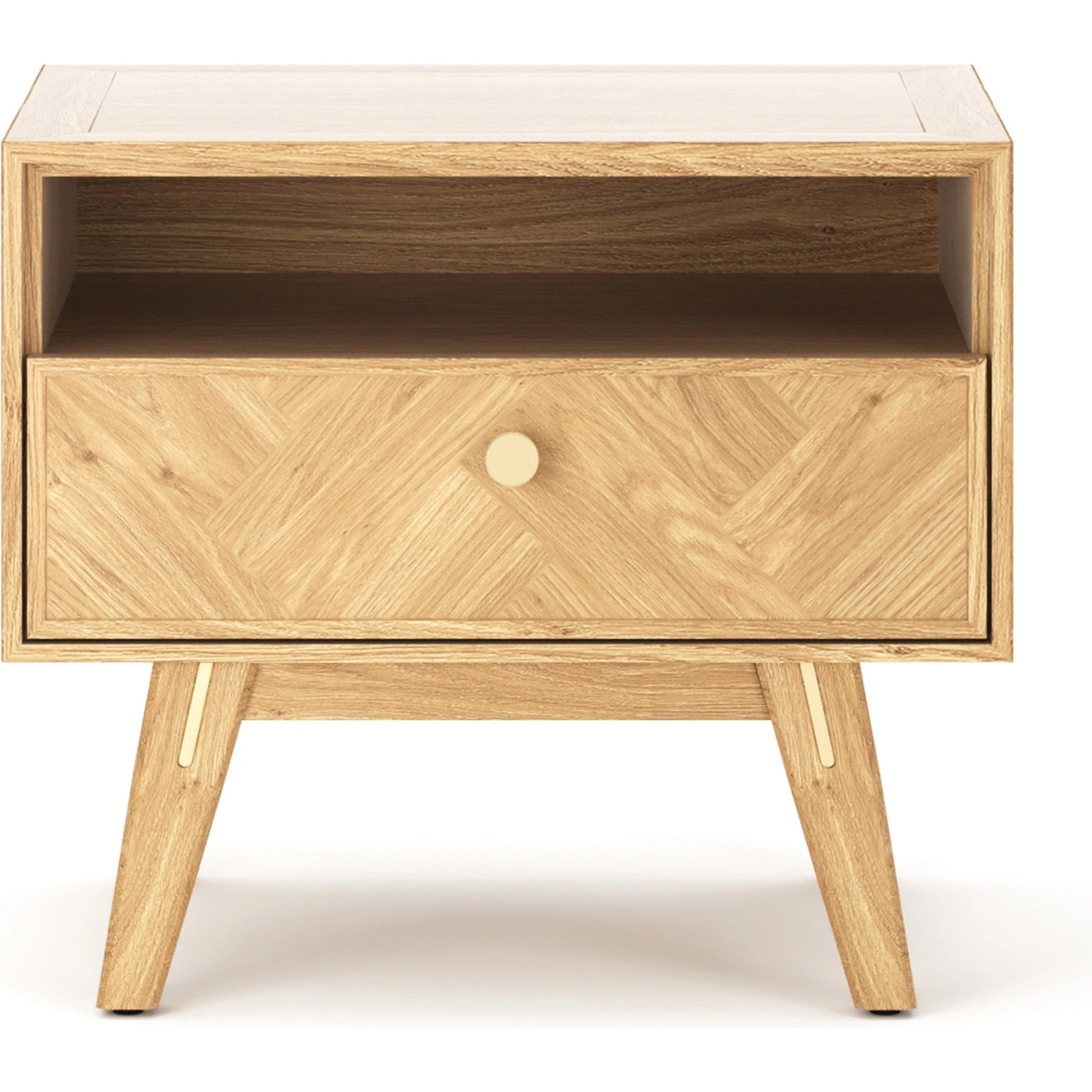 Colton Nightstand by LH Imports in light brown and natural, brass. Made from solid oak, mdf oak veneer, brass in a transitional style.