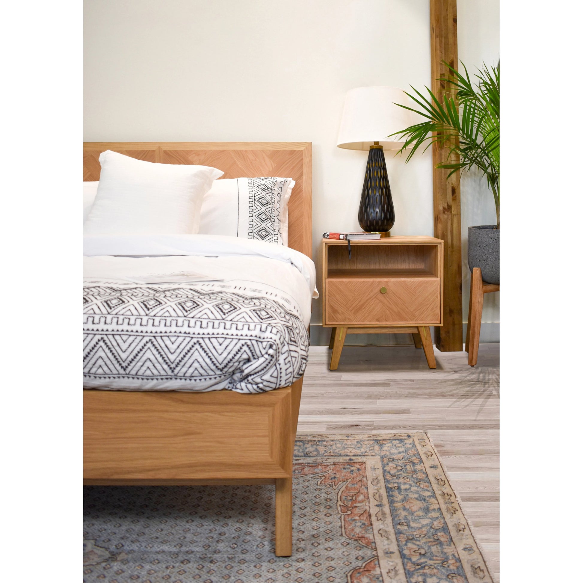 Colton Nightstand by LH Imports in light brown and natural, brass. Made from solid oak, mdf oak veneer, brass in a transitional style.