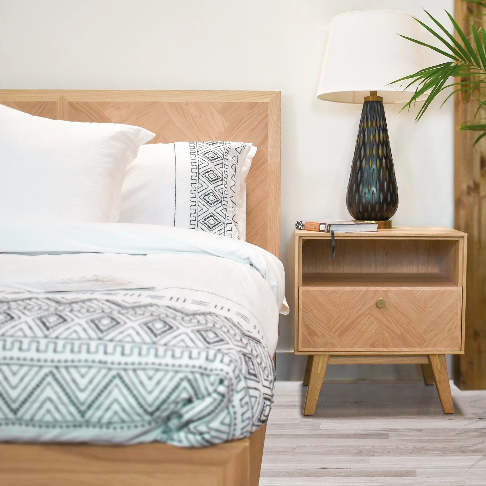 Colton Nightstand by LH Imports in light brown and natural, brass. Made from solid oak, mdf oak veneer, brass in a transitional style.