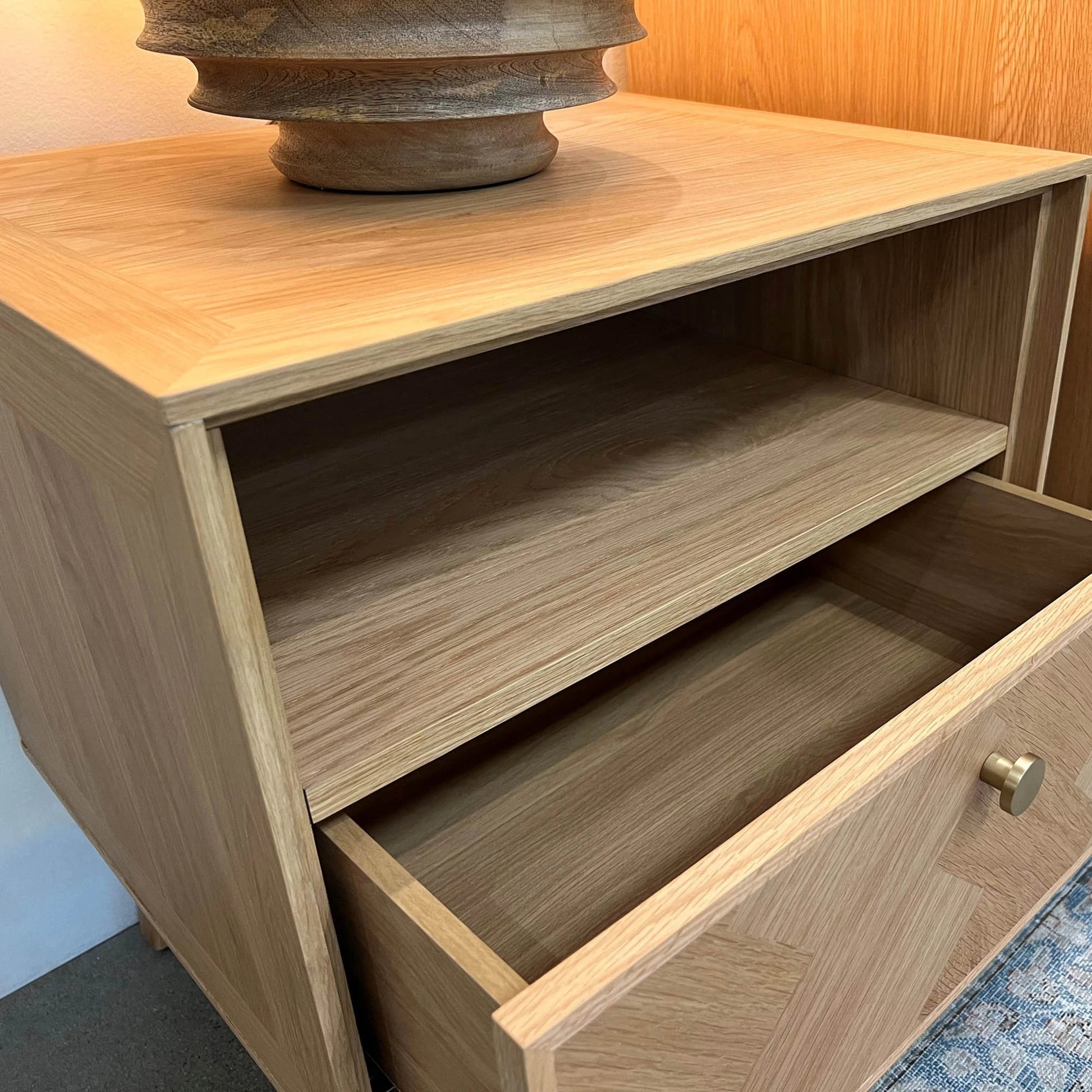 Colton Nightstand by LH Imports in light brown and natural, brass. Made from solid oak, mdf oak veneer, brass in a transitional style.