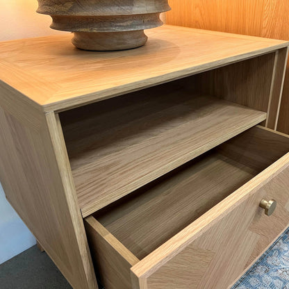 Colton Nightstand by LH Imports in light brown and natural, brass. Made from solid oak, mdf oak veneer, brass in a transitional style.