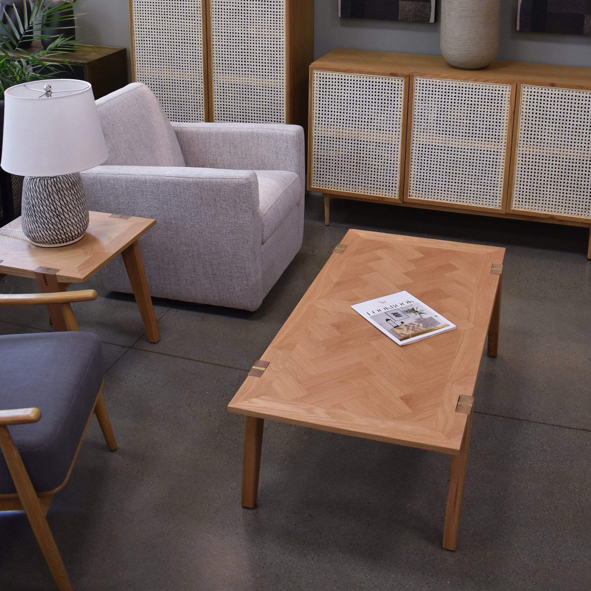 Colton Coffee Table by LH Imports in light brown and natural, brass. Made from solid oak, mdf oak veneer, brass in a modern style.