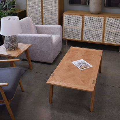 Colton Coffee Table by LH Imports in light brown and natural, brass. Made from solid oak, mdf oak veneer, brass in a modern style.