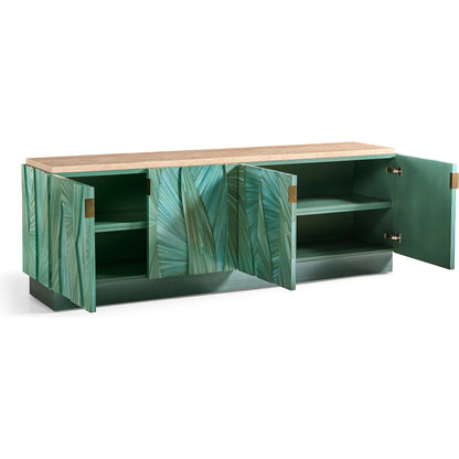 Seaglass Entertainment Console by Jonathan Charles in blue and blue straw. Made from straw, marble, stainless steel, koto veneer in a eclectic & global style.