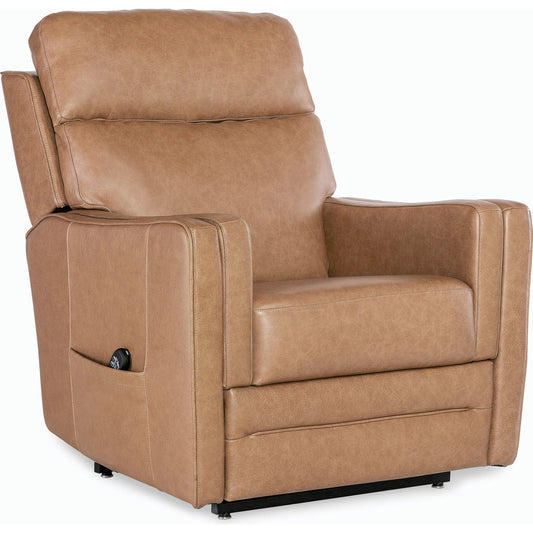 Thyme Power Recliner w/ Power Headrest, Lumbar, and Lift by Hooker Furniture in brown. Made from leather in a modern style.