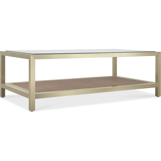 Melange Cocktail Table by Hooker Furniture in silver. Made from steel, glass top, cane with wooden frame in a unique style.