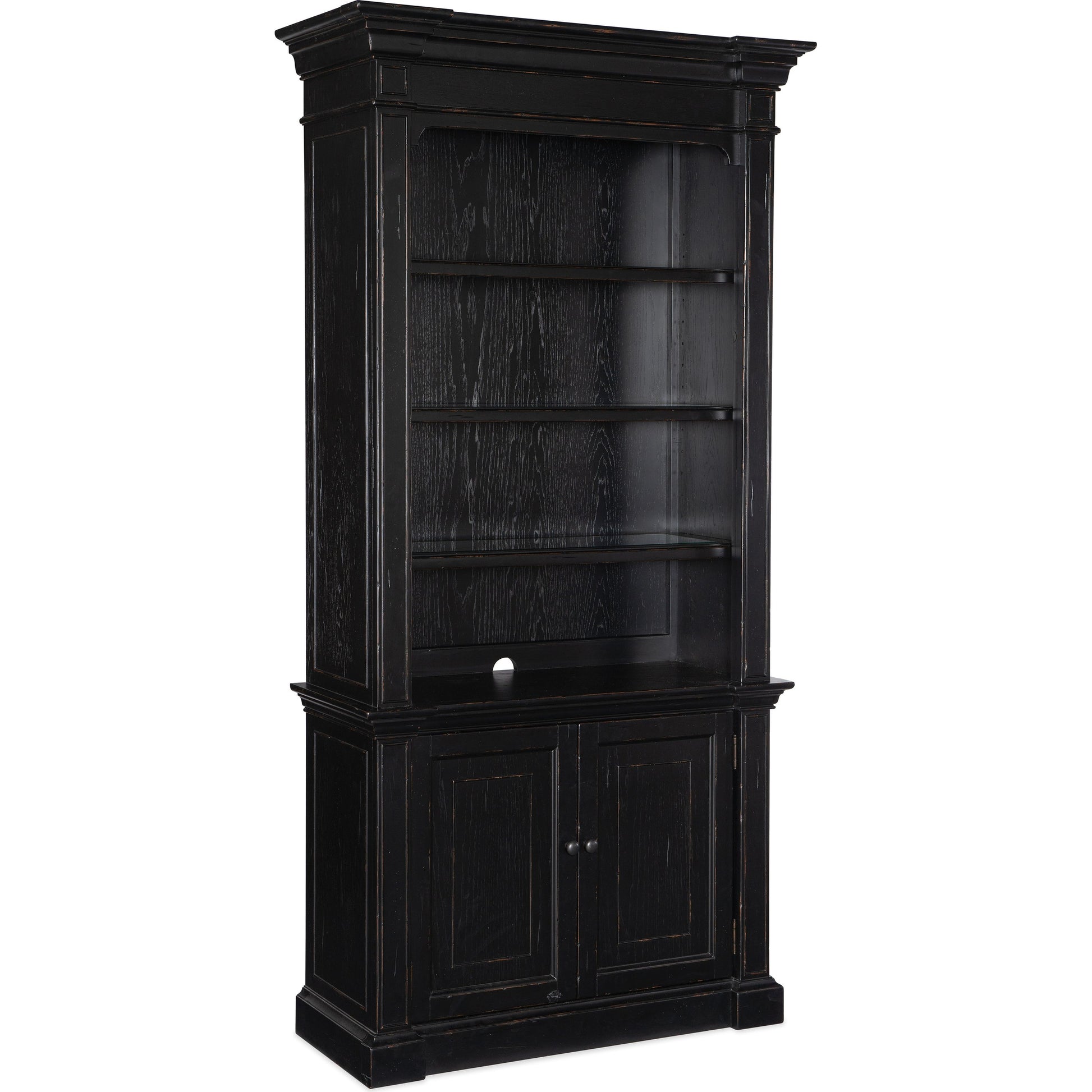 Bristowe Bookcase by Hooker Furniture in tuxedo black. Made from pecan veneers in a modern style.