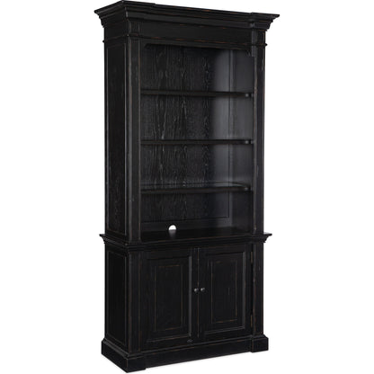 Bristowe Bookcase by Hooker Furniture in tuxedo black. Made from pecan veneers in a modern style.