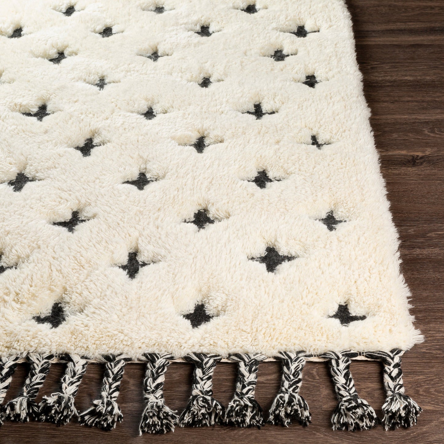 004 SI-1878658,SI-1878659 | Closeup | Camille Rug - 26506 by Surya in cream, black. Made from 90% wool, 10% cotton in a unique style.