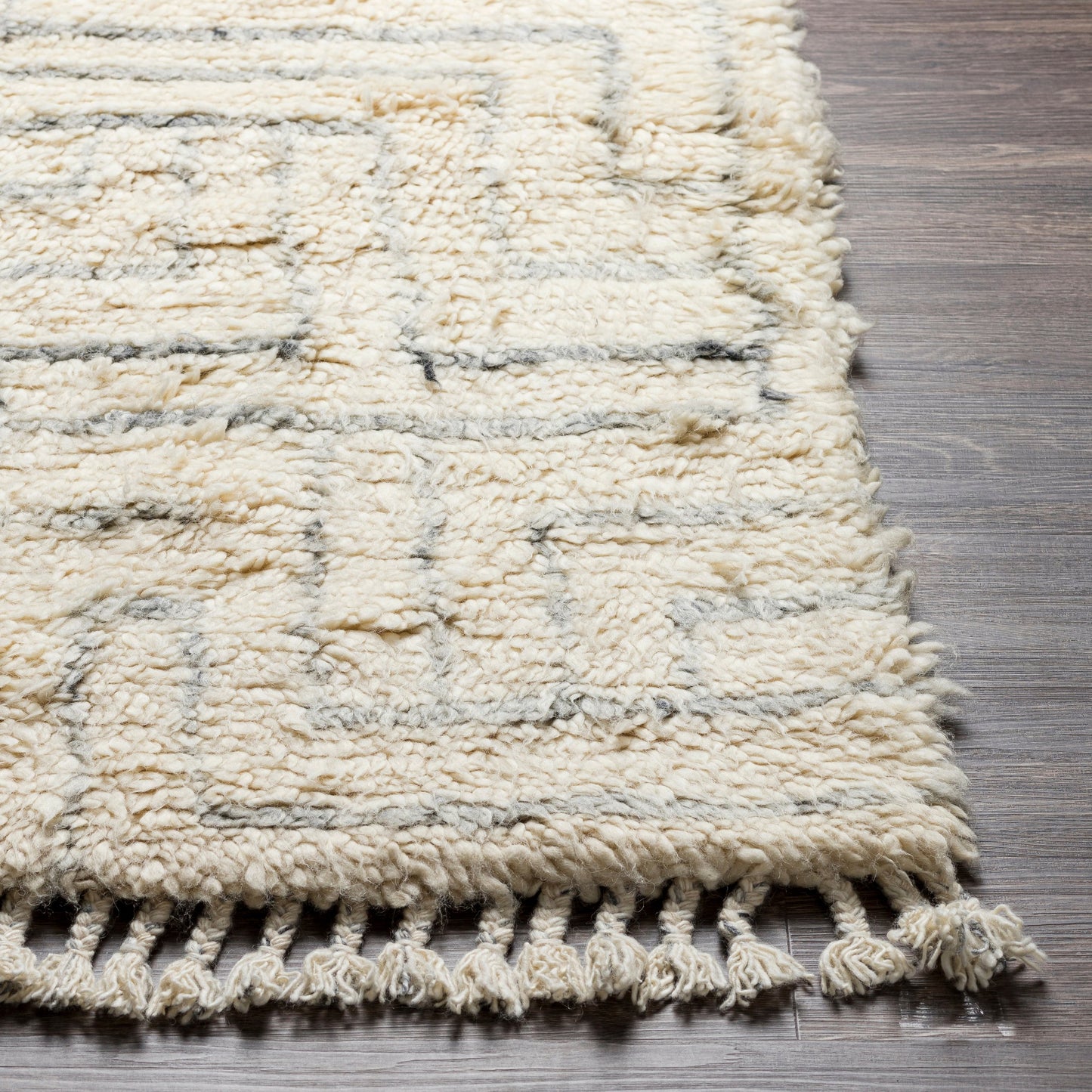 005 SI-1878662,SI-1878663 | Closeup | Camille Rug - 27012 by Surya in cream, medium gray, black. Made from 100% new zealand wool in a unique style.