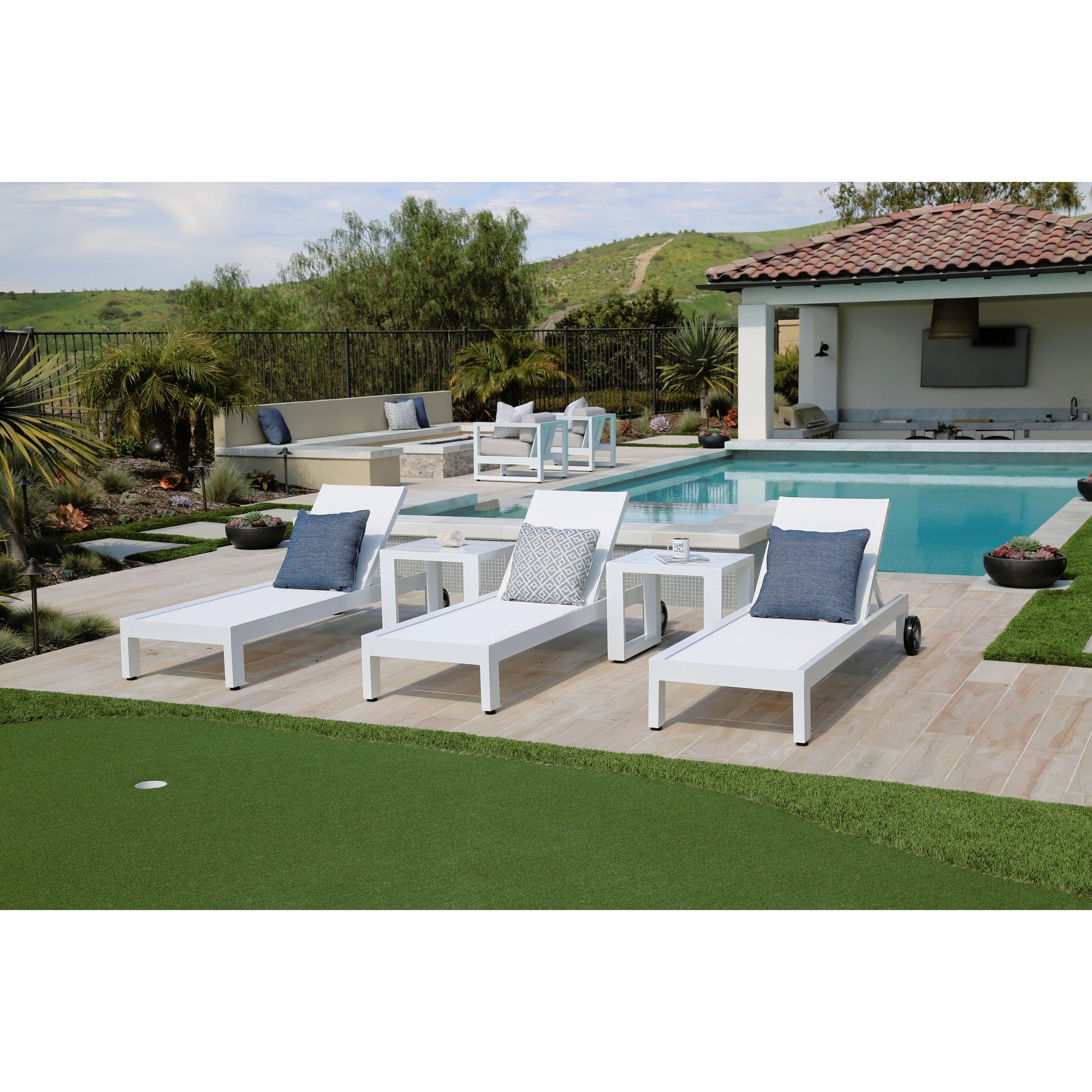 Newport Outdoor Adjustable Sling Chaise by Sunset West in frost. Made from aluminum in a modern style.