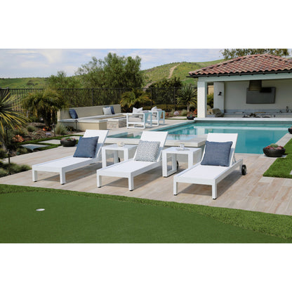 Newport Outdoor Adjustable Sling Chaise by Sunset West in frost. Made from aluminum in a modern style.