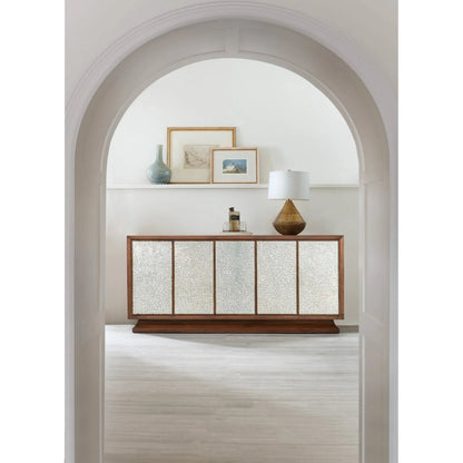 Melange Lloyds Leopard Entertainment Credenza by Hooker Furniture in walnut veneers, silver painted glass front doors. Made from unique in a transitional style.