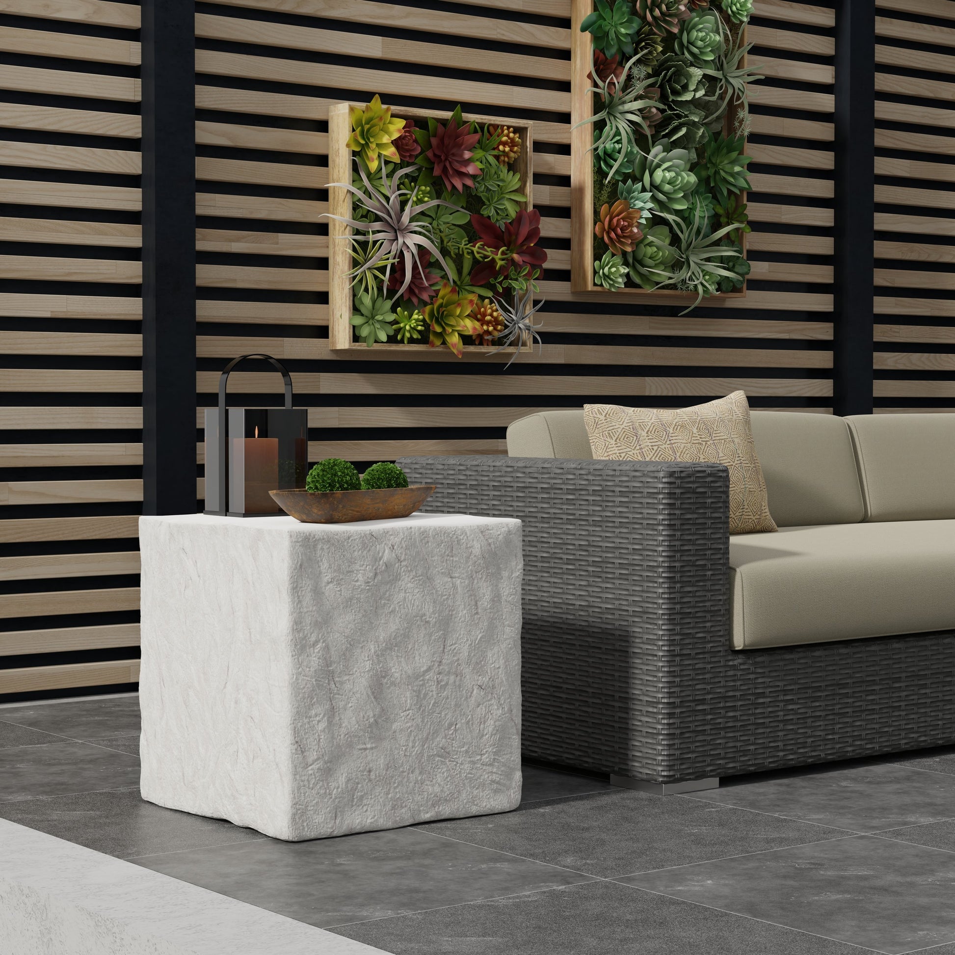 Antique Outdoor Stone End Table by Sunset West in stone. Made from gfr concrete in a modern style.