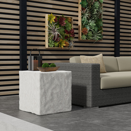 Antique Outdoor Stone End Table by Sunset West in stone. Made from gfr concrete in a modern style.