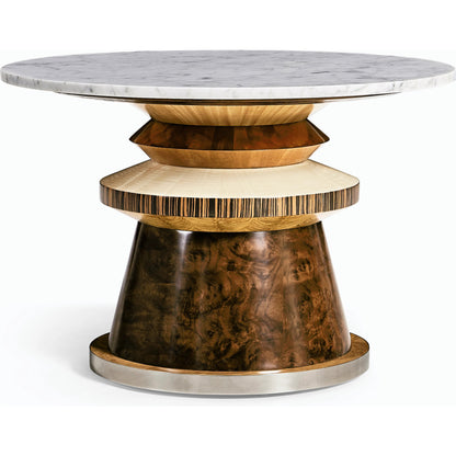 Rook Round Cocktail Table by Jonathan Charles in brown and mingle mangle, carrera marble. Made from marble, stainless steel, veneers: walnut burl, cerajeira, ebony, maple, chestnut, eucalyptus in a modern style.